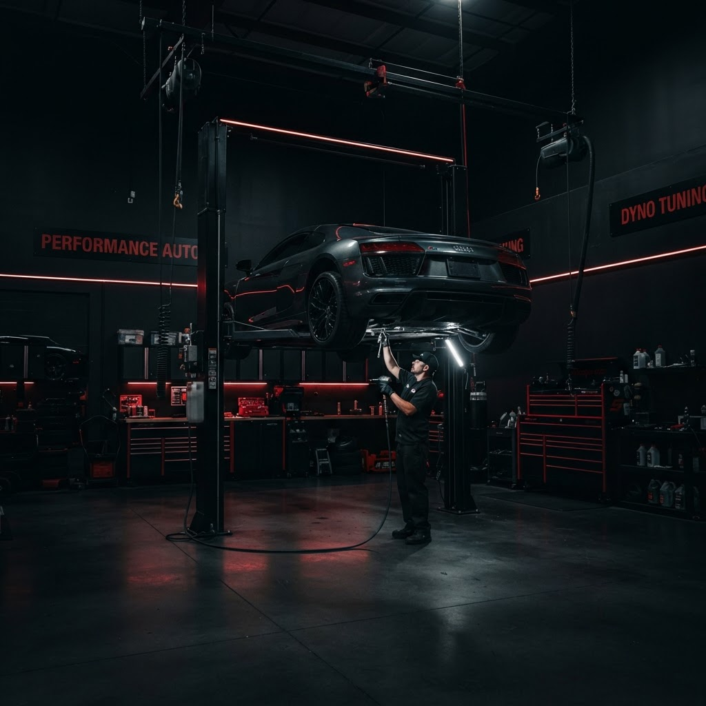 Interior of Dave's Complete Auto Service garage with a vehicle on a lift